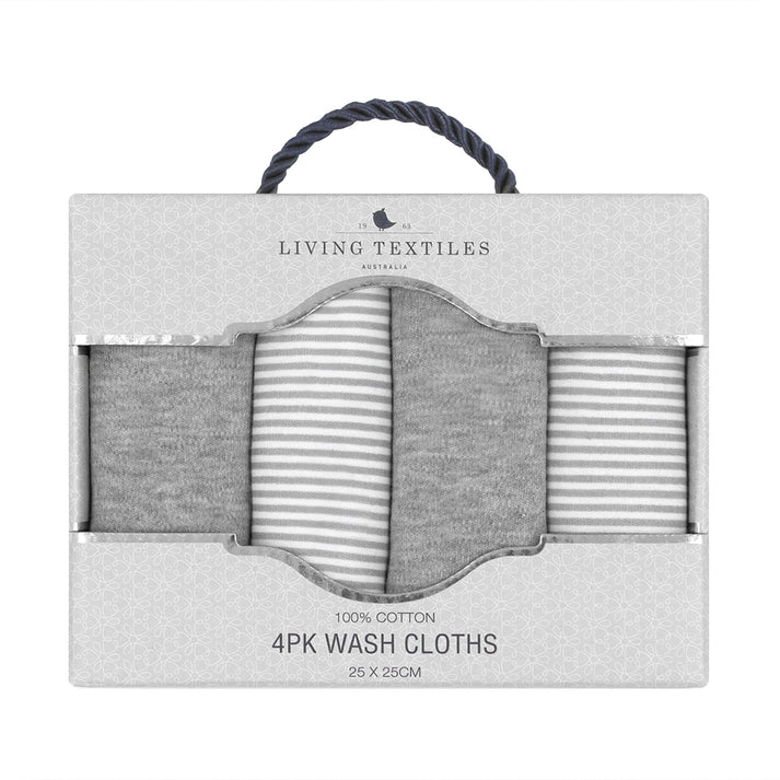 LIVING TEXTILES - 4-PACK FACE WASHERS - GREY STRIPE/MELANGE