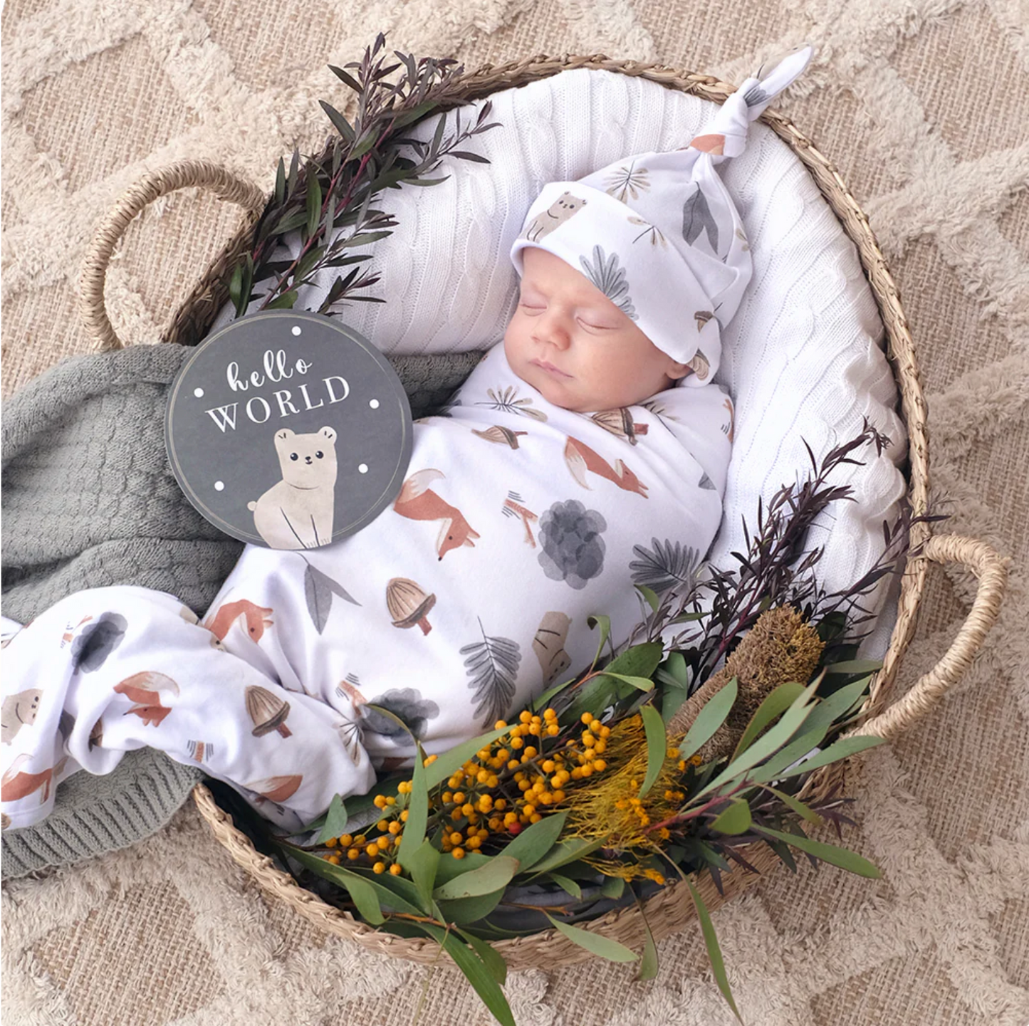 LIVING TEXTILES - HELLO WORLD NEWBORN GIFT SET - FOREST RETREAT