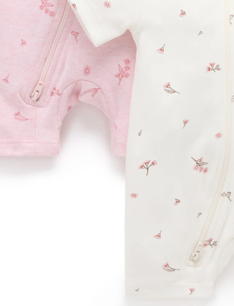 PUREBABY - PINK BLOSSOM 2 PACK SHORT ZIPPED GROWNSUIT