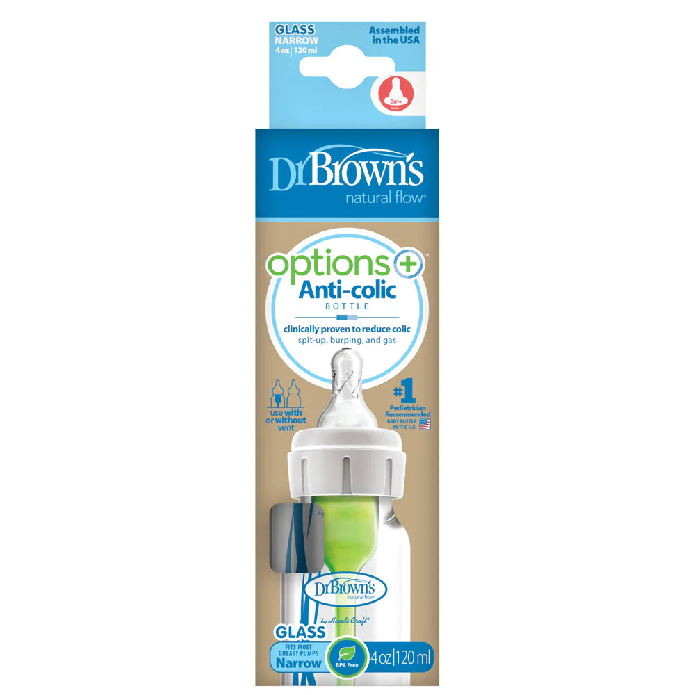 Dr Brown's Options+ Anti Colic Narrow Neck GLASS Bottle with Level 1 Teat, 120ml