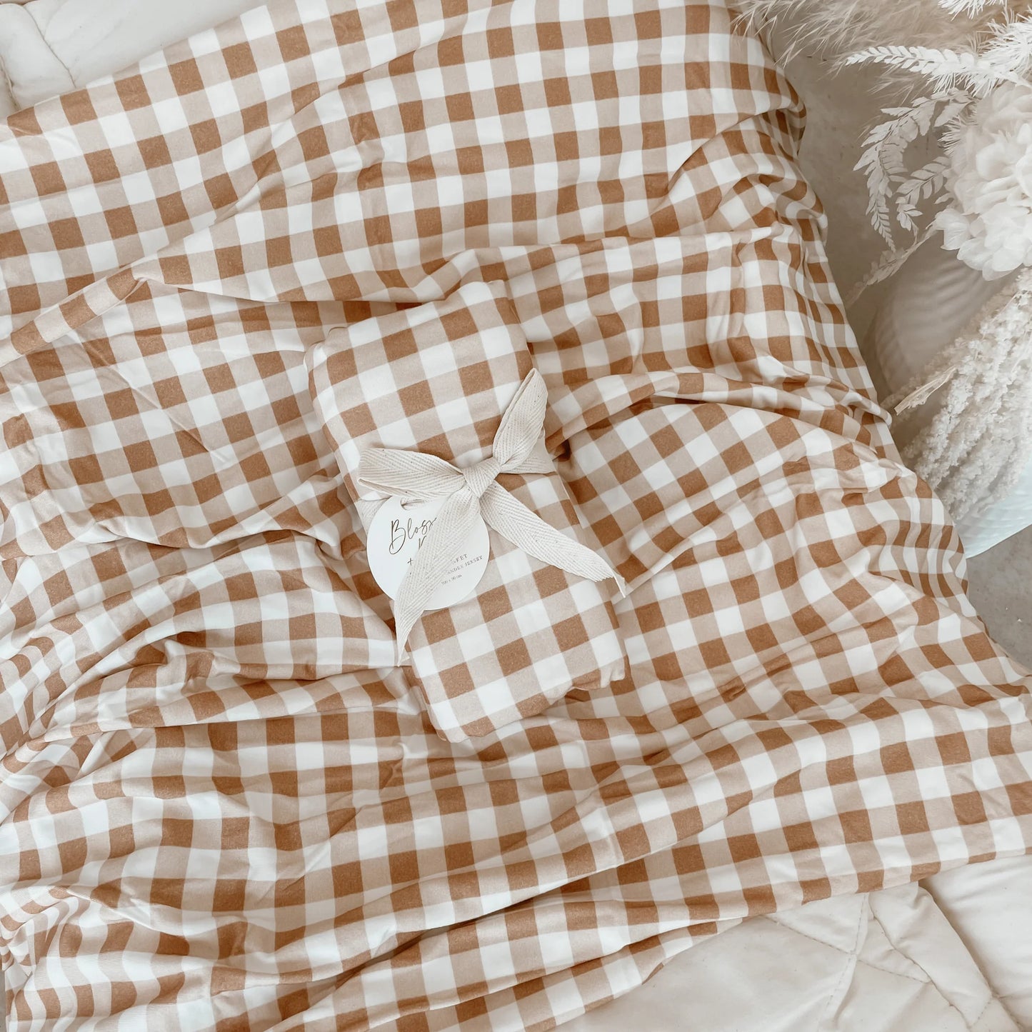 BLOSSOM & PEAR CARAMEL GINGHAM SWADDLE