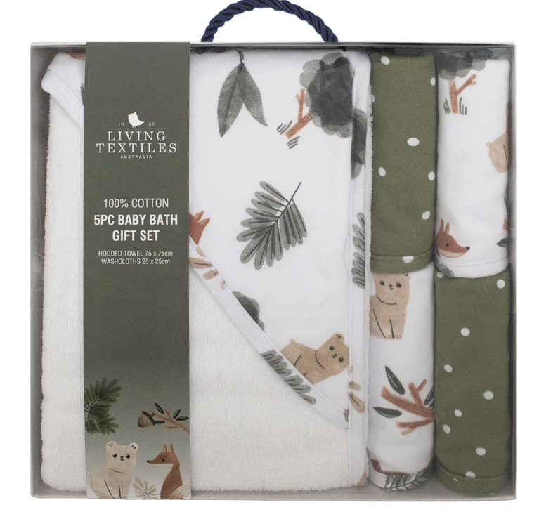 LIVING TEXTILES - 5 PIECE BABY BATH GIFT SET- FOREST RETREAT