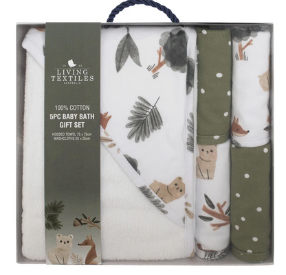 LIVING TEXTILES - 5 PIECE BABY BATH GIFT SET- FOREST RETREAT