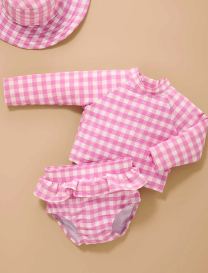 PUREBABY - PINK GRAPE GINGHAM LONG SLEEVE RASHIE SET