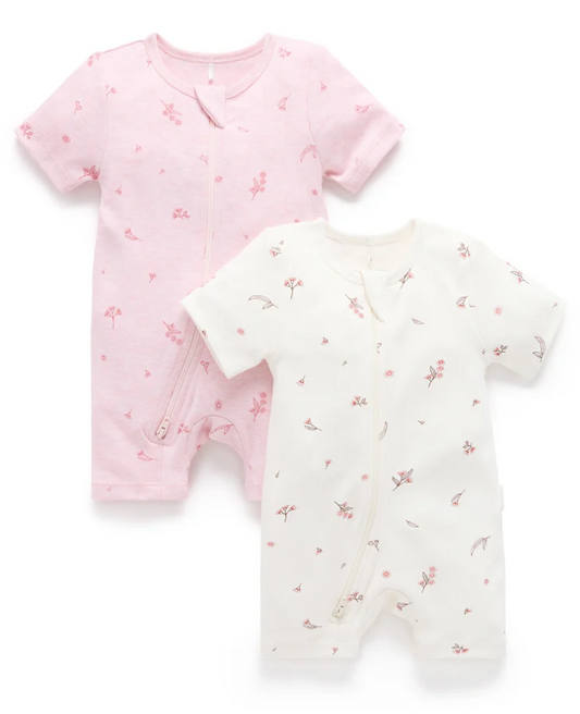 PUREBABY - PINK BLOSSOM 2 PACK SHORT ZIPPED GROWNSUIT