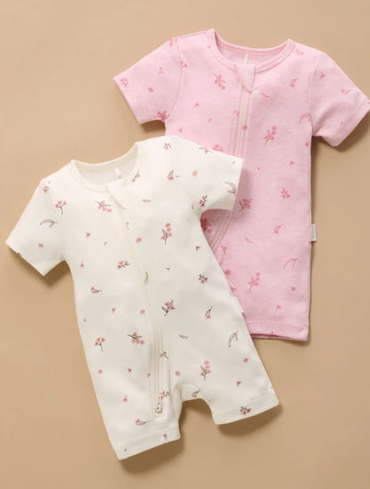 PUREBABY - PINK BLOSSOM 2 PACK SHORT ZIPPED GROWNSUIT