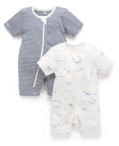 PUREBABY - BLUE NAUTICAL 2 PACK SHORT ZIPPED GROWSUIT