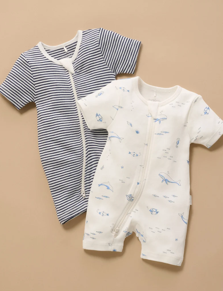 PUREBABY - BLUE NAUTICAL 2 PACK SHORT ZIPPED GROWSUIT