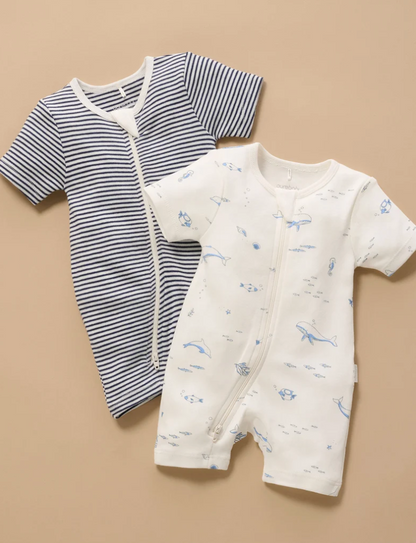 PUREBABY - BLUE NAUTICAL 2 PACK SHORT ZIPPED GROWSUIT