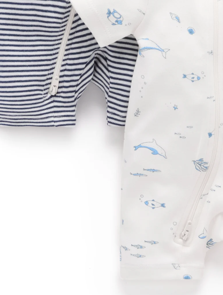 PUREBABY - BLUE NAUTICAL 2 PACK SHORT ZIPPED GROWSUIT