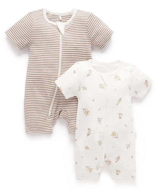 PUREBABY - BROWN WATTLE BEE 2 PACK SHORT ZIPPED GROWSUIT