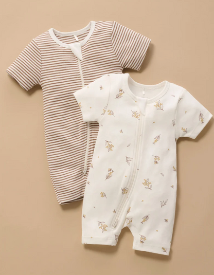 PUREBABY - BROWN WATTLE BEE 2 PACK SHORT ZIPPED GROWSUIT