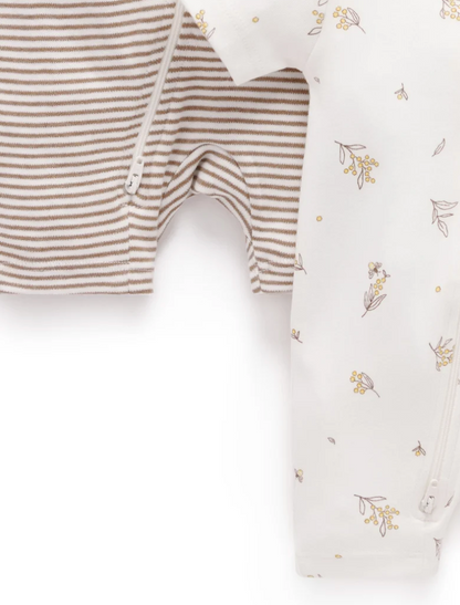 PUREBABY - BROWN WATTLE BEE 2 PACK SHORT ZIPPED GROWSUIT