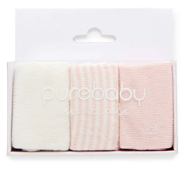 PUREBABY - PALE PINK 3 PACK SOCKS 0-3 MONTHS