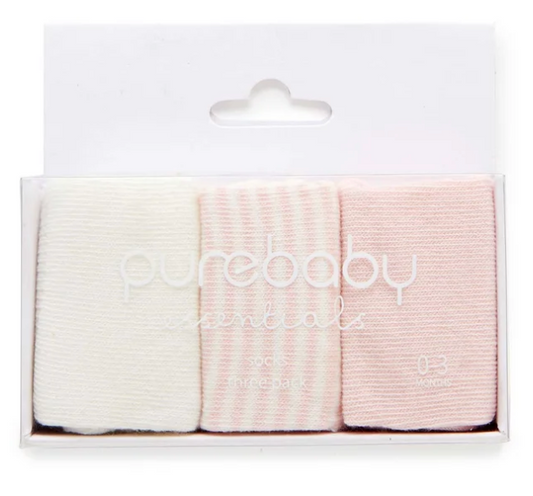 PUREBABY - PALE PINK 3 PACK SOCKS 0-3 MONTHS