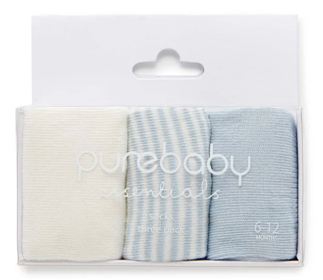 PUREBABY - PALE BLUE 3 PACK SOCKS 0-3 MONTHS