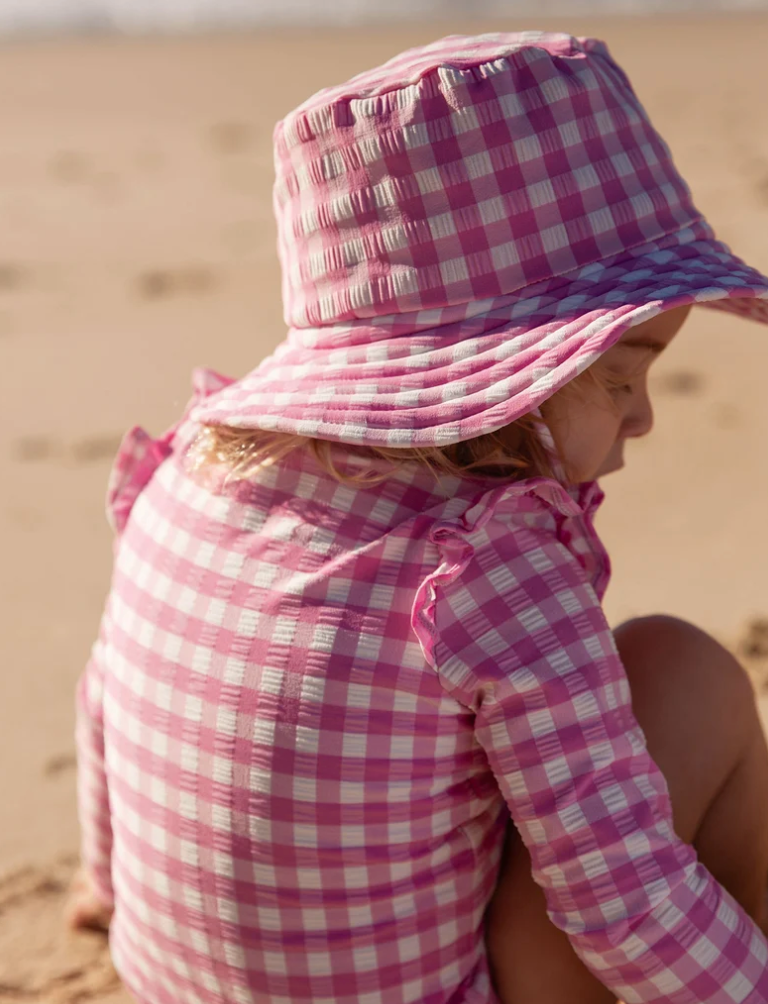 PUREBABY - PINK GRAPE GINGHAM BROAD BRIM SWIM HAT