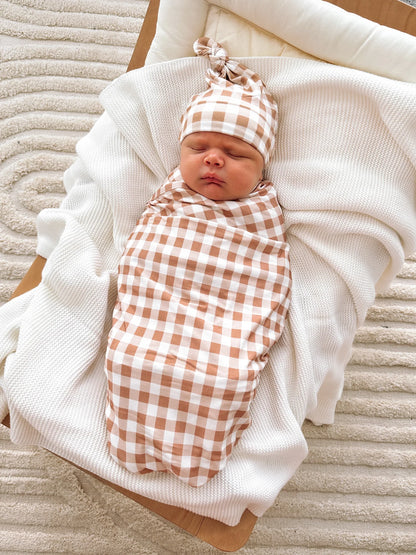 BLOSSOM & PEAR CARAMEL GINGHAM SWADDLE